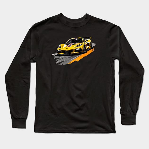 Accelerate Yellow C8 Corvette Supercar racecar on a race track Sports car Racing car Long Sleeve T-Shirt by Tees 4 Thee